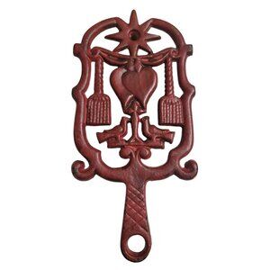 Vintage 1951 J.Z.H. Cast Iron Red Trivet With Heart & Bird Design